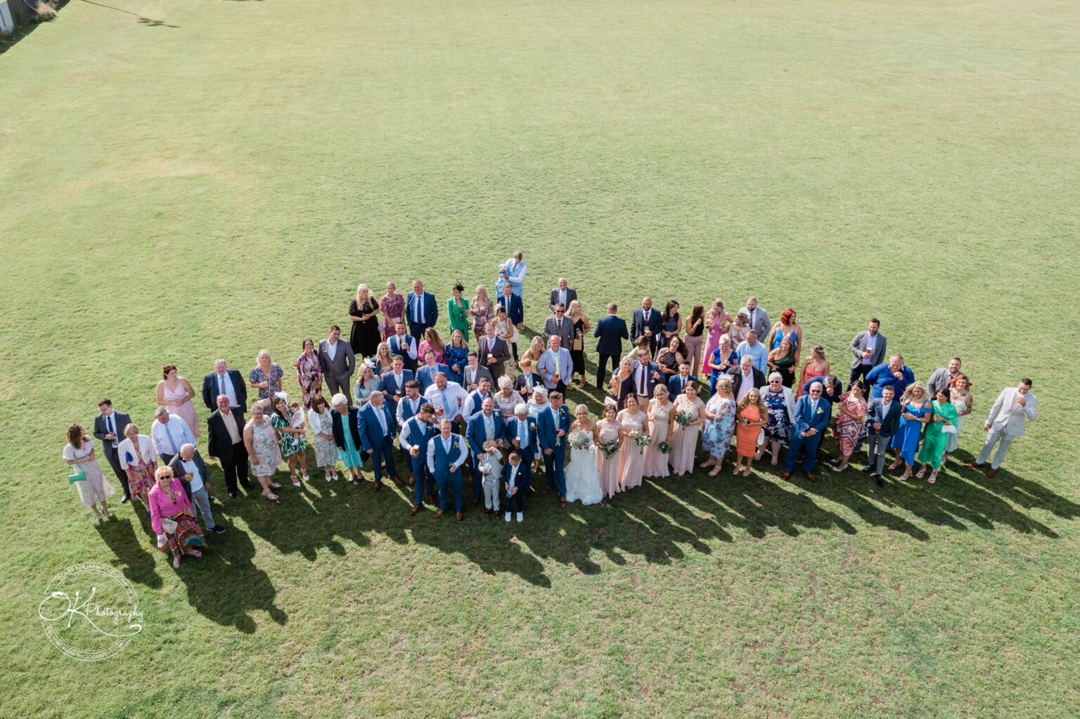 A large group of people at a wedding standing on a grassy field, posing for a photo.
