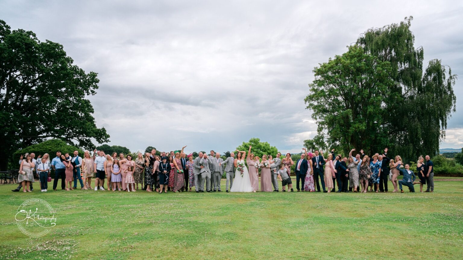 A large wedding group posing outdoors on a grassy lawn, with some trees in the background and cloudy skies above.