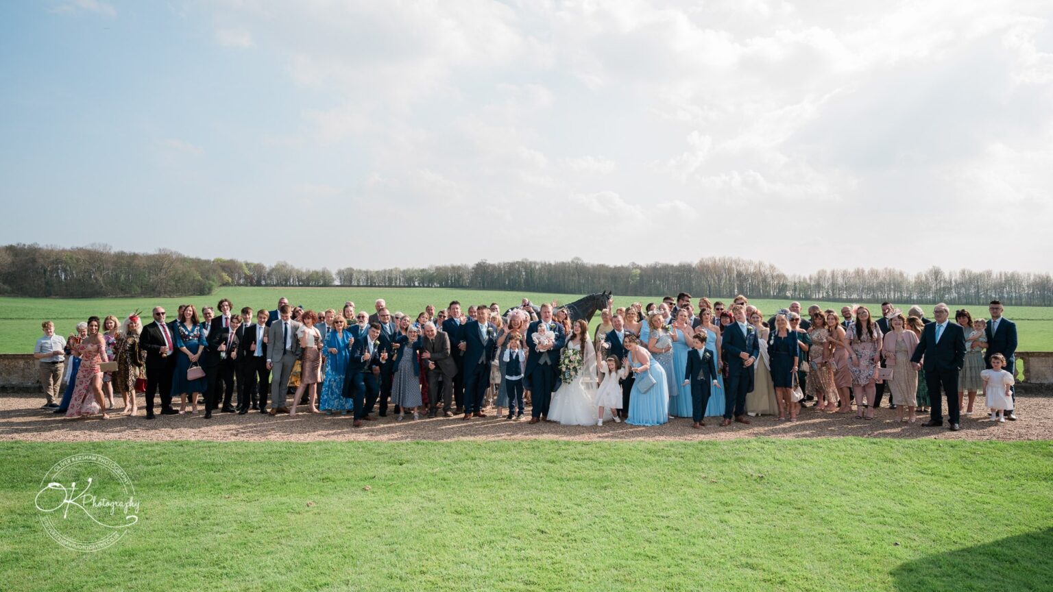 Prestwold Hall Wedding Photography A large group of people posing outdoors in formal attire with a green field and trees in the background.