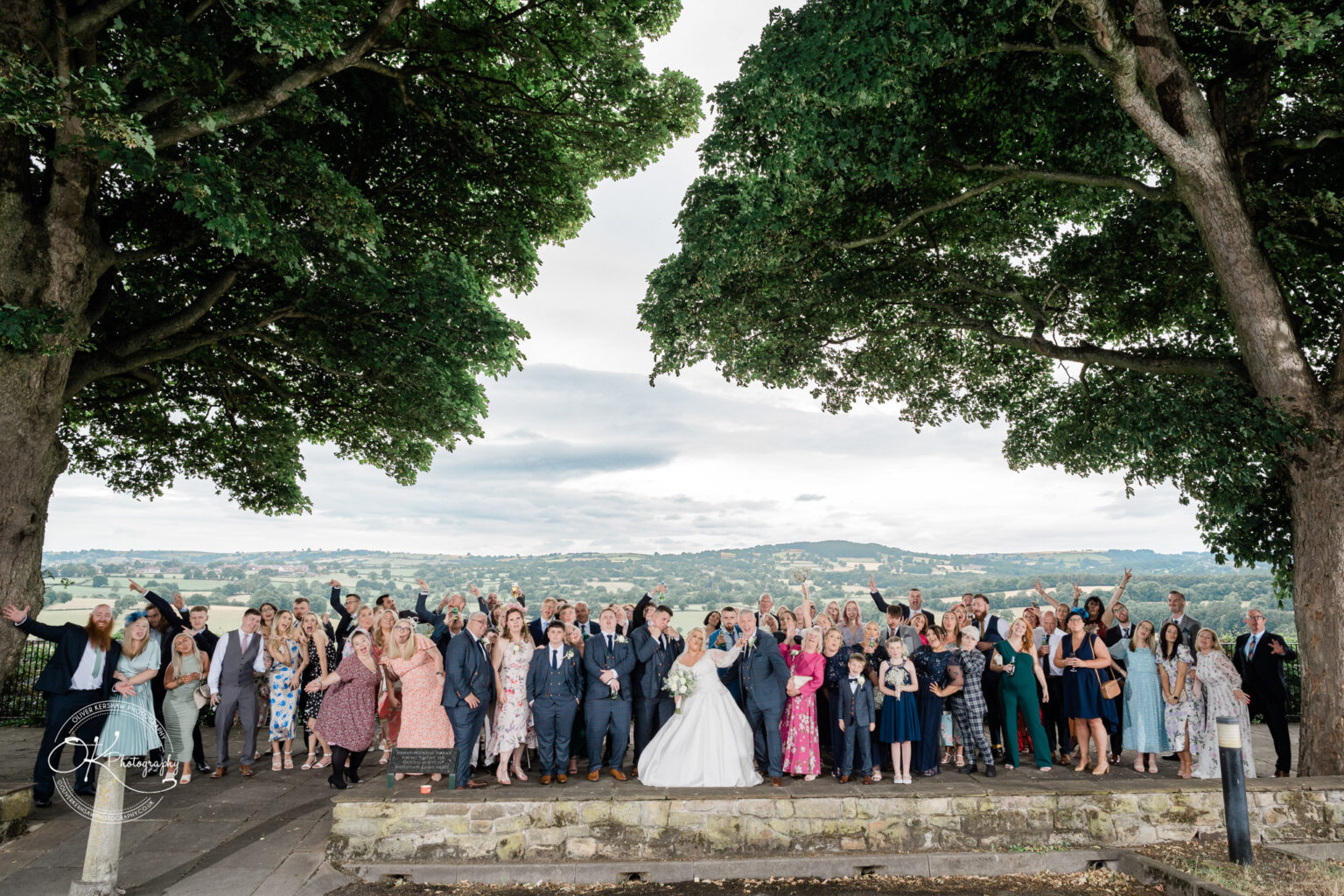 Santos Higham Farm Wedding Photography A large wedding group poses together outdoors under the shade of two large trees, with a scenic countryside backdrop.