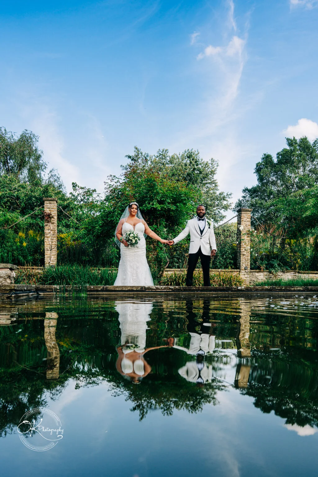 Bride and groom holding hands, standing in front of a pond with their reflection in the water, surrounded by greenery and a blue sky.