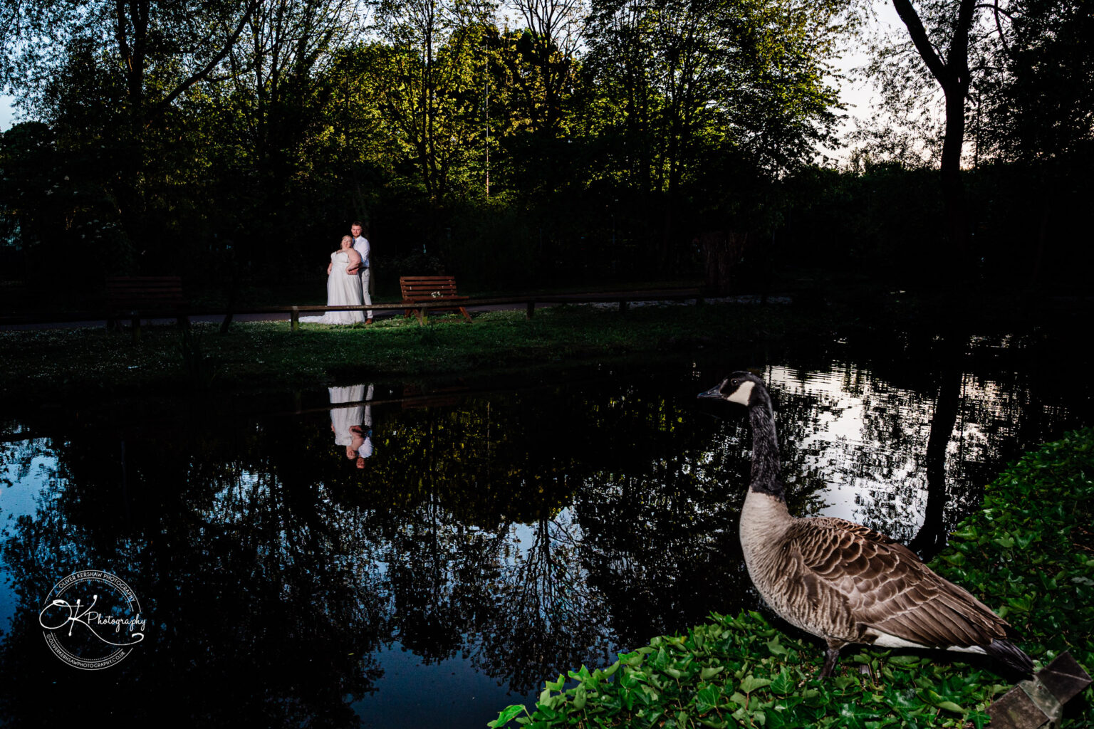 A couple stands by a tranquil pond surrounded by greenery, with a goose nearby and reflections in the water.